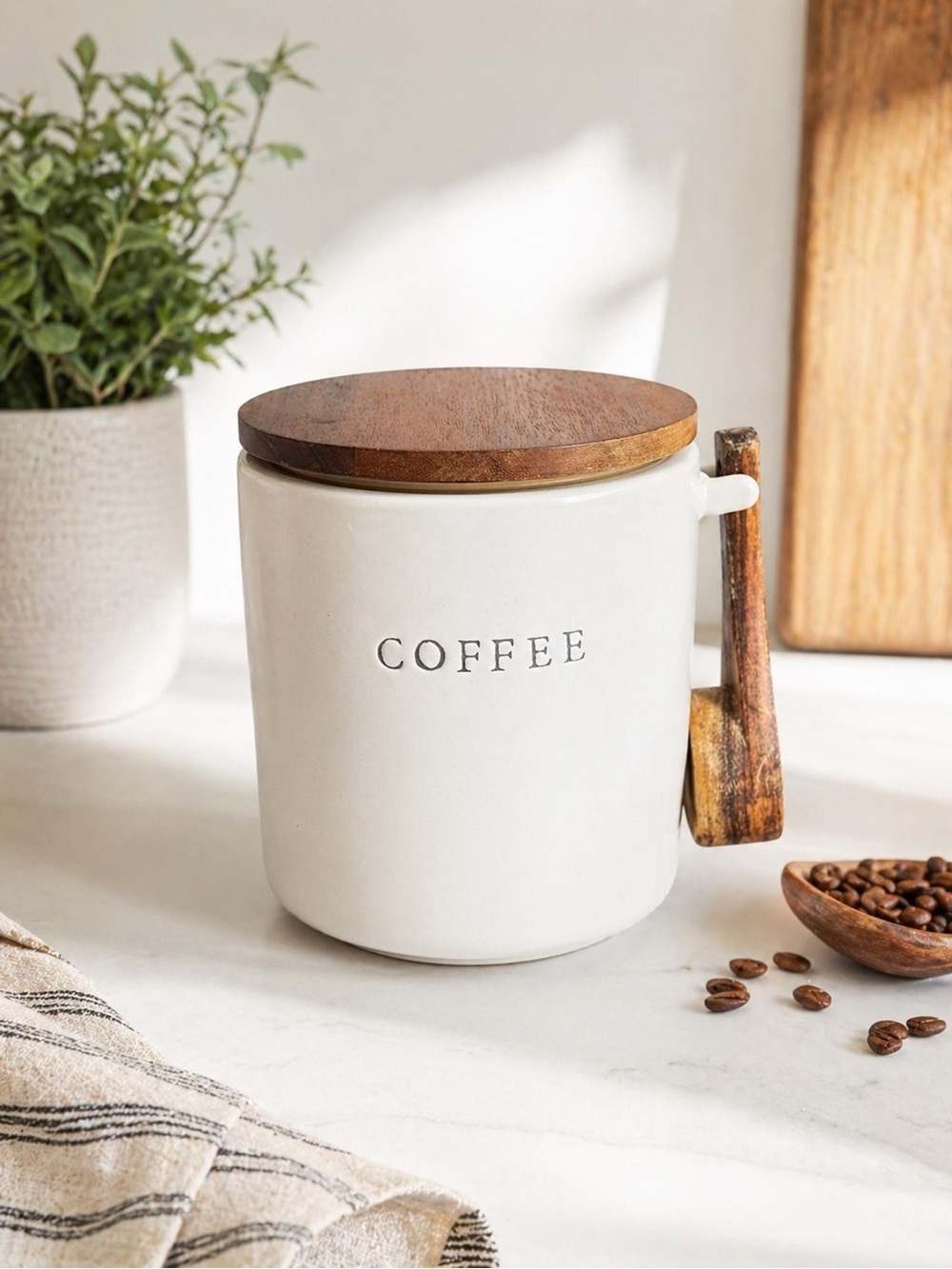 Hearth & Hand Cream Ceramic Coffee Canister with Wood Lid and Handle
